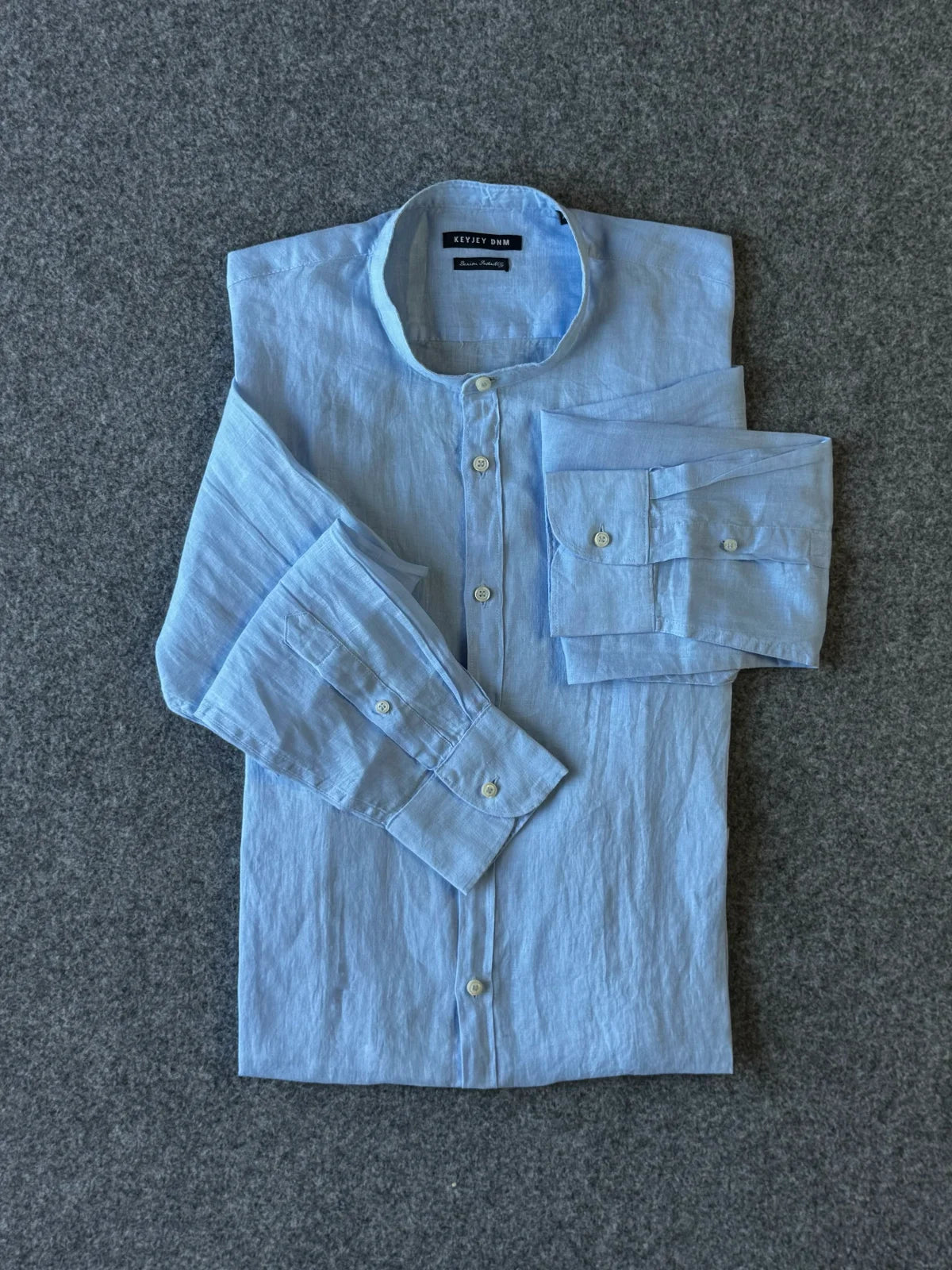 Camicia in puro lino collo alla coreana celeste - Archivio Tessile