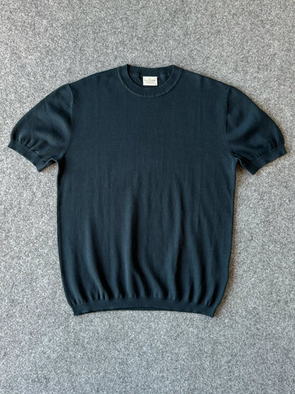 Maglia a girocollo con orli a costine in puro cotone colore Blu petrolio | Archivio Tessile