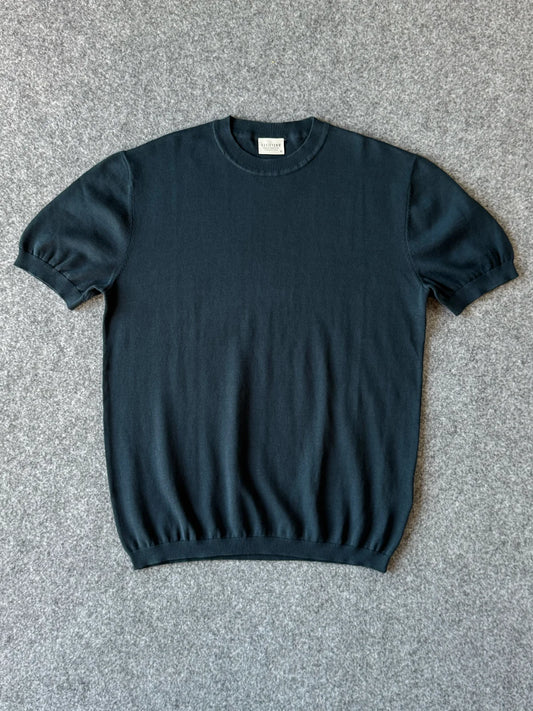 Maglia a girocollo con orli a costine in puro cotone colore Blu petrolio | Archivio Tessile