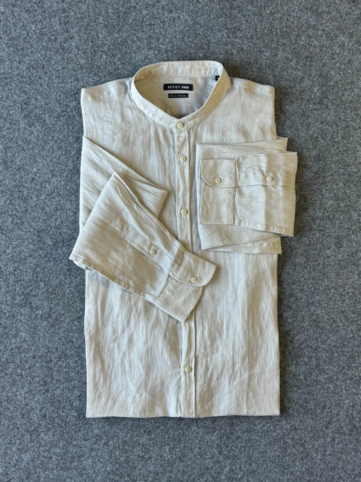 Camicia in puro lino con collo alla coreana beige - Archivio Tessile