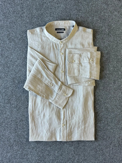 Camicia in puro lino con collo alla coreana beige - Archivio Tessile